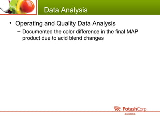 Data Analysis
• Operating and Quality Data Analysis
– Documented the color difference in the final MAP
product due to acid blend changes
 