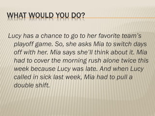 WHAT WOULD YOU DO?
Lucy has a chance to go to her favorite team’s
playoff game. So, she asks Mia to switch days
off with her. Mia says she’ll think about it. Mia
had to cover the morning rush alone twice this
week because Lucy was late. And when Lucy
called in sick last week, Mia had to pull a
double shift.
 