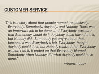 CUSTOMER SERVICE
“This is a story about four people named, respectively,
Everybody, Somebody, Anybody, and Nobody. There was
an important job to be done, and Everybody was sure
that Somebody would do it. Anybody could have done it,
but Nobody did. Somebody got angry about that,
because it was Everybody’s job. Everybody thought
Anybody could do it, but Nobody realized that Everybody
wouldn’t do it. It ended up that Everybody blamed
Somebody when Nobody did what Anybody could have
done.”
~Anonymous~
 