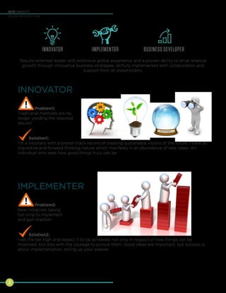 2
Andre Jankowitz
VALUE PROPOSITION
INNOVATOR
Problem1:
Traditional methods are no
longer yielding the required
results!
Solution1:
I’m a visionary with a proven track record of creating sustainable visions of the future. I have an
inquisitive and forward thinking nature which manifests in an abundance of new ideas. An
individual who sees how good things truly can be.
Results-oriented leader with extensive global experience and a proven ability to drive revenue
growth through innovative business strategies, skilfully implemented with collaboration and
support from all stakeholders.
IMPLEMENTER
Problem2:
New initiatives taking
too long to implement
and gain traction
Solution2:
I set the bar high and expect it to be achieved, not only in respect of how things can be
improved, but also with the courage to pursue them. Good ideas are important, but success is
about implementation, rolling up your sleeves
FUTURE
 