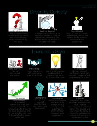 5
Andre Jankowitz
VALUE PROPOSITION
Take charge:
I like to
step-up and
take charge
Interacting:
I enjoy interacting
with people and
organizing things
Innovative:
I tend to be inventive
and proactive in
creating new ways
for things to be done
Conﬁdence:
I bring a sense of
conﬁdence, which can
often be motivating and
empowering for others
Continuous
Improvement:
I’m extremely
comfortable in my own
ability to brainstorm
original ways for things to
be more productive, and
I’m not afraid to take risks
if it means ﬁnding a new,
better way
Courageous:
I embody a
sense of
adventure and
am comfortable
taking risks
Empowering:
I’m an encouraging
and motivating
person, always
seeking to uplift
and empower
others to reach
their own goals
and dreams
Diplomatic:
I’m patient and poised,
exuding a sense of calm. I
have a relaxed
disposition that can make
others feel assured and
safe. I have the ability to
be tactful and take time
to listen to the concerns
and ideas of others.
Driven by Curiosity
Inquisitive:
I have an inquisitive and
forward thinking nature
which manifests by
enjoying considering
new ideas.
Looking Beyond:
Not one to be reined in by the
humdrum realities of daily life,
by contrast, I’m able to look
beyond those boundaries to
imagine new vistas
Open-Minded:
I tend to be open-minded
and non-judgmental and
have an appreciation for
seeking out new
possibilities.
Leadership Style
 