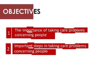 1
The importance of taking care problems
concerning people
2
Important steps in taking care problems
concerning people
OBJECTIVES
 