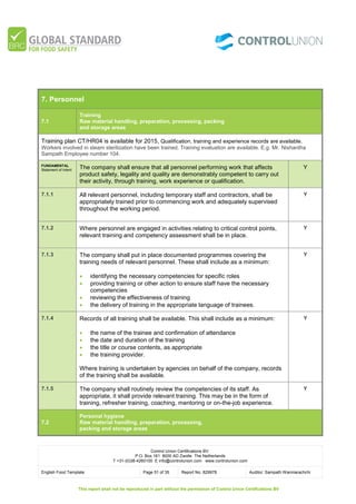 Control Union Certifications BV.
P.O. Box 161 8000 AD Zwolle The Netherlands
T +31-(0)38-4260100 E info@controlunion.com www.controlunion.com
English Food Template Page 51 of 35 Report No. 829978 Auditor: Sampath Wanniarachchi
This report shall not be reproduced in part without the permission of Control Union Certifications BV
7. Personnel
7.1
Training
Raw material handling, preparation, processing, packing
and storage areas
Training plan CT/HR04 is available for 2015, Qualification, training and experience records are available.
Workers involved in steam sterilization have been trained. Training evaluation are available. E.g. Mr. Nishantha
Sampath Employee number 104.
FUNDAMENTAL
Statement of Intent
The company shall ensure that all personnel performing work that affects
product safety, legality and quality are demonstrably competent to carry out
their activity, through training, work experience or qualification.
Y
7.1.1 All relevant personnel, including temporary staff and contractors, shall be
appropriately trained prior to commencing work and adequately supervised
throughout the working period.
Y
7.1.2 Where personnel are engaged in activities relating to critical control points,
relevant training and competency assessment shall be in place.
Y
7.1.3 The company shall put in place documented programmes covering the
training needs of relevant personnel. These shall include as a minimum:
 identifying the necessary competencies for specific roles
 providing training or other action to ensure staff have the necessary
competencies
 reviewing the effectiveness of training
 the delivery of training in the appropriate language of trainees.
Y
7.1.4 Records of all training shall be available. This shall include as a minimum:
 the name of the trainee and confirmation of attendance
 the date and duration of the training
 the title or course contents, as appropriate
 the training provider.
Where training is undertaken by agencies on behalf of the company, records
of the training shall be available.
Y
7.1.5 The company shall routinely review the competencies of its staff. As
appropriate, it shall provide relevant training. This may be in the form of
training, refresher training, coaching, mentoring or on-the-job experience.
Y
7.2
Personal hygiene
Raw material handling, preparation, processing,
packing and storage areas
 