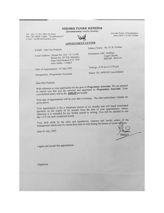 Appointment Letter issued by Vishwa Yuvak Kendra New Delhi