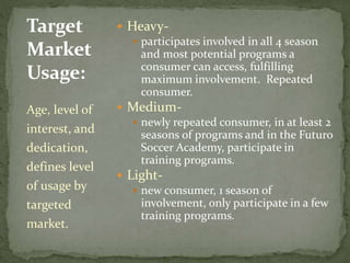 Age, level of
interest, and
dedication,
defines level
of usage by
targeted
market.
Target
Market
Usage:
 Heavy-
 participates involved in all 4 season
and most potential programs a
consumer can access, fulfilling
maximum involvement. Repeated
consumer.
 Medium-
 newly repeated consumer, in at least 2
seasons of programs and in the Futuro
Soccer Academy, participate in
training programs.
 Light-
 new consumer, 1 season of
involvement, only participate in a few
training programs.
 