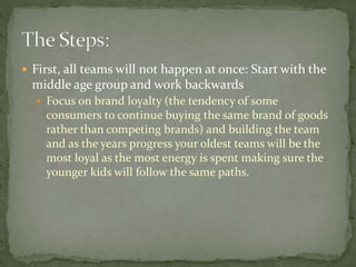 First, all teams will not happen at once: Start with the
middle age group and work backwards
 Focus on brand loyalty (the tendency of some
consumers to continue buying the same brand of goods
rather than competing brands) and building the team
and as the years progress your oldest teams will be the
most loyal as the most energy is spent making sure the
younger kids will follow the same paths.
 