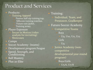  Products:
 Training Apparel
 Parmar half zip training top,
 Sillicone training watches,
 Futuro rain jacket,
 Training jersey
 Player Exposure
 Soccer in Motion (video
analysis for recruiting)
 Showcases
 Camps
 Soccer Academy- (teams)
 Development program/league
 Speed, Strength, and
Conditioning
 Ball Mastery
 Plus 20 Elite
 Training:
 Individual, Team, and
Preseason, Goalkeeper
 Futuro Soccer Academy
 Competitive Teams
 Boys
 U9, U10, U11, U12
 Girls
 U9
 Junior Academy (non-
competitive
developmental year-round
program)
 Boys/Girls
 U5/6, U7/8
 