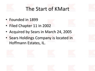 The Start of KMart
• Founded in 1899
• Filed Chapter 11 in 2002
• Acquired by Sears in March 24, 2005
• Sears Holdings Company is located in
Hoffmann Estates, IL.
 