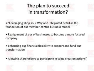 The plan to succeed
in transformation?
• “Leveraging Shop Your Way and Integrated Retail as the
foundation of our member-centric business model
• Realignment of our of businesses to become a more focused
company
• Enhancing our financial flexibility to support and fund our
transformation
• Allowing shareholders to participate in value creation actions”
 