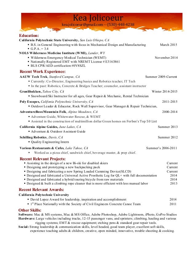 guide resume with cooking experience kea jolicoeur recent relevant projects assisting in the design of a new bi