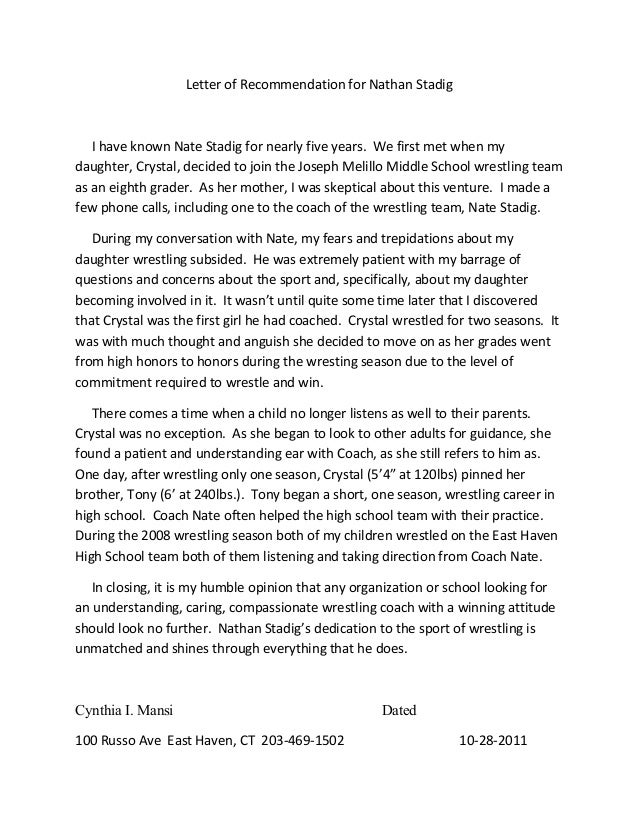 letter of recommendation for nathan stadig i have known nate stadig for nearly five years