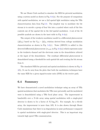 We use Monte Carlo method to simulate the SER for pictorial modulation
using a system model as shown in Fig. 6-4(a). For the purpose of comparison
with spatial modulation, we use a 2x2 spatial light modulator using the THz
characterization data from Fig.5-3. The simplest way to modulate the bit
stream is to encode a group of four bits into a symbol where each of the bits
controls one of the spatial tile in the 2x2 spatial modulator. 4 out of the 16
possible symbols are shown in the inset table in Fig. 6-4(a).
The output of the terahertz modulator model is a diﬀerential photocurrent
(∆IPh) based on the VGS − ∆IPh relation derived from voltage modulation
characterization as shown in Fig. 5-2(c). Noise (AWGN) is added to this
detected diﬀerential photocurrent (σN,RX in Fig. 6-4(a)) which represents noise
in the terahertz channel and the electronic noise in the demodulator referred
at the input of the demodulator. The resultant diﬀerential photocurrent is
demodulated using a threshold for each spatial tile and creating the bit stream
from it.
The simulated SER for pictorial and spatial modulation is shown in Fig. 6-
4(b). It can be seen from the plots that both the modulation techniques have
the same SER for a given signal-to-noise ratio (SNR) in the receive path.
6.4 Summary
We have demonstrated a novel modulation technique using an array of THz
spatial modulators that modulates the THz wave pictorially and the modulated
wave is demodulated using a THz focal plane array. The improvement in
bandwidth over a N-tile array using spatial modulation with a single-pixel
detector is shown to be a factor of N/ log2(N). For example, for a 64-tile
array, the improvement is more than 10X. It is also shown through Monte
Carlo simulations that there is no degradation in noise performance compared
to spatial modulation with single-pixel detector. This is an important step
towards high speed THz communication.
105
 