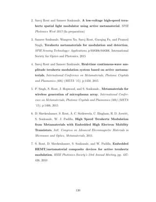 2. Saroj Rout and Sameer Sonkusale, A low-voltage high-speed tera-
hertz spatial light modulator using active metamaterial, SPIE
Photonics West 2017 (In preparation)
3. Sameer Sonkusale, Wangren Xu, Saroj Rout, Guoqing Fu, and Pramod
Singh, Terahertz metamaterials for modulation and detection,
SPIE Sensing Technology+ Applications, p:948306-948306. International
Society for Optics and Photonics, 2015
4. Saroj Rout and Sameer Sonkusale, Real-time continuous-wave am-
plitude terahertz modulation system based on active metama-
terials, International Conference on Metamaterials, Photonic Crystals
and Plasmonics (6th) (META ’15), p:1450, 2015
5. P. Singh, S. Rout, J. Hopwood, and S. Sonkusale., Metamaterials for
wireless generation of microplasma array, International Confer-
ence on Metamaterials, Photonic Crystals and Plasmonics (6th) (META
’15), p:1466, 2015
6. D. Shrekenhamer, S. Rout, A. C. Strikwerda, C. Bingham, R. D. Averitt,
S. Sonkusale, W. J. Padilla, High Speed Terahertz Modulation
from Metamaterials with Embedded High Electron Mobility
Transistors, Intl. Congress on Advanced Elecromagnetic Materials in
Microwave and Optics, Metamaterials, 2011.
7. S. Rout, D. Shrekenhamer, S. Sonkusale, and W. Padilla, Embedded
HEMT/metamaterial composite devices for active terahertz
modulation, IEEE Photonics Society’s 23rd Annual Meeting, pp. 437-
438, 2010
130
 