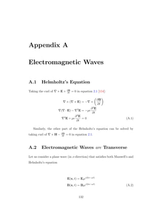 Appendix A
Electromagnetic Waves
A.1 Helmholtz’s Equation
Taking the curl of × E + ∂B
∂t
= 0 in equation 2.1 [154]:
× ( × E) = − ×
∂B
∂t
( · E) − 2
E = −µ
∂2
E
∂t
2
E + µ
∂2
E
∂t
= 0 (A.1)
Similarly, the other part of the Helmholtz’s equation can be solved by
taking curl of × H − ∂D
∂t
= 0 in equation 2.1.
A.2 Electromagnetic Waves are Transverse
Let us consider a plane wave (in x-direction) that satisﬁes both Maxwell’s and
Helmholtz’s equation
E(x, t) = E0ei(kx−ωt)
B(x, t) = B0ei(kx−ωt)
(A.2)
132
 