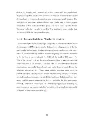 devices, for imaging and communication, in a commercial integrated circuit
(IC) technology that can be mass produced at very low cost and operate under
electrical and environmental condition same as consumer grade devices. One
such device is a terahertz wave modulator that can be used in terahertz com-
munication system to modulate free-space THz waves based on data stream.
The same technology can also be used in THz imaging to create spatial light
modulator (SLM) for compressed imaging.
1.1.4 Metamaterials for Terahertz Devices
Metamaterials (MMs) are macroscopic composites of periodic structures whose
electromagnetic (EM) response can be designed over a large portion of the EM
spectrum by, to ﬁrst order, simply scaling the dimensions of the periodic struc-
tures. MMs are essentially eﬀective mediums requiring the periodic structures
to be fraction of the wavelength (∼ λ/10) of the incident EM wave. For
THz MMs, the unit cells are few tens of microns (3µm − 300µm) with criti-
cal feature sizes of few microns. They also oﬀer the two critical materials for
construction, non-conducting substrate and metal layers separated from the
substrate using dielectrics. These scales and the materials, make them the
perfect candidate for conventional microfabrication using a large pool of com-
mercially available integrated circuit (IC) technologies. In last decade we have
seen a rapid increase in metamaterial devices created for the THz regime using
planar IC fabrication technologies for a wide range applications including ab-
sorbers, quarter waveplates, switches/modulators, structurally reconﬁgurable
MMs and MMs with memory eﬀects[1].
11
 