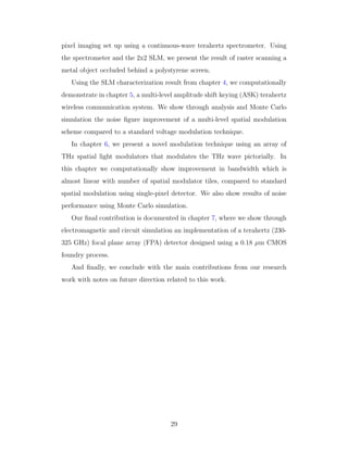 pixel imaging set up using a continuous-wave terahertz spectrometer. Using
the spectrometer and the 2x2 SLM, we present the result of raster scanning a
metal object occluded behind a polystyrene screen.
Using the SLM characterization result from chapter 4, we computationally
demonstrate in chapter 5, a multi-level amplitude shift keying (ASK) terahertz
wireless communication system. We show through analysis and Monte Carlo
simulation the noise ﬁgure improvement of a multi-level spatial modulation
scheme compared to a standard voltage modulation technique.
In chapter 6, we present a novel modulation technique using an array of
THz spatial light modulators that modulates the THz wave pictorially. In
this chapter we computationally show improvement in bandwidth which is
almost linear with number of spatial modulator tiles, compared to standard
spatial modulation using single-pixel detector. We also show results of noise
performance using Monte Carlo simulation.
Our ﬁnal contribution is documented in chapter 7, where we show through
electromagnetic and circuit simulation an implementation of a terahertz (230-
325 GHz) focal plane array (FPA) detector designed using a 0.18 µm CMOS
foundry process.
And ﬁnally, we conclude with the main contributions from our research
work with notes on future direction related to this work.
29
 
