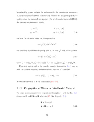 is resolved by proper analysis. In real materials, the constitutive parameters
( , µ) are complex quantities and causality requires the imaginary part to be
positive since the materials are passive. For a left-handed material (LHM),
the constitutive parameters satisfy
r = eiφ
, φ ∈ (π/2, π]
µr = eiφµ
, φµ ∈ (π/2, π] (2.9)
and now the refractive index can be expressed as
n =
√
rµr = eiφ /2
eiφµ/2
(2.10)
and causality requires the imaginary part of the each
√
and
√
µ be positive
n = ( r + i r )(µr + iµr ) (2.11)
where r = cos (φ /2), r = sin (φ /2), µr = cos (φµ/2) and, µr = sin (φµ/2).
If the real part of each of the complex quantity in equation (2.11) goes to
zero, the positive imaginary values result in a real n < 0. Therefore,
n = −
√
rµr, r < 0, µr < 0 (2.12)
A detailed derivation of it can be found in [151, 152].
2.1.2 Propagation of Waves in Left-Handed Material
For plane monochromatic wave proportional to exp(ikx − iωt), the Eq. (2.1)
along with D = E, B = µH reduce to [57] (See Appendix A.2)
k × E = ωµH
k × H = −ω E (2.13)
32
 