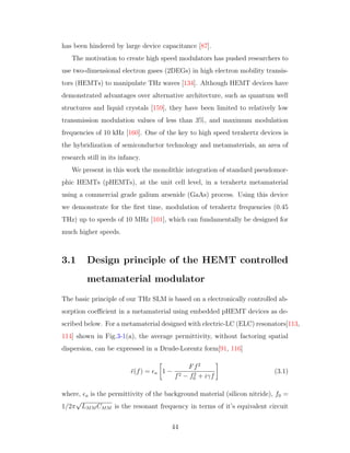 has been hindered by large device capacitance [87].
The motivation to create high speed modulators has pushed researchers to
use two-dimensional electron gases (2DEGs) in high electron mobility transis-
tors (HEMTs) to manipulate THz waves [134]. Although HEMT devices have
demonstrated advantages over alternative architecture, such as quantum well
structures and liquid crystals [159], they have been limited to relatively low
transmission modulation values of less than 3%, and maximum modulation
frequencies of 10 kHz [160]. One of the key to high speed terahertz devices is
the hybridization of semiconductor technology and metamaterials, an area of
research still in its infancy.
We present in this work the monolithic integration of standard pseudomor-
phic HEMTs (pHEMTs), at the unit cell level, in a terahertz metamaterial
using a commercial grade galium arsenide (GaAs) process. Using this device
we demonstrate for the ﬁrst time, modulation of terahertz frequencies (0.45
THz) up to speeds of 10 MHz [101], which can fundamentally be designed for
much higher speeds.
3.1 Design principle of the HEMT controlled
metamaterial modulator
The basic principle of our THz SLM is based on a electronically controlled ab-
sorption coeﬃcient in a metamaterial using embedded pHEMT devices as de-
scribed below. For a metamaterial designed with electric-LC (ELC) resonators[113,
114] shown in Fig.3-1(a), the average permittivity, without factoring spatial
dispersion, can be expressed in a Drude-Lorentz form[91, 116]
¯(f) = a 1 −
Ff2
f2 − f2
0 + iγf
(3.1)
where, a is the permittivity of the background material (silicon nitride), f0 =
1/2π
√
LMM CMM is the resonant frequency in terms of it’s equivalent circuit
44
 