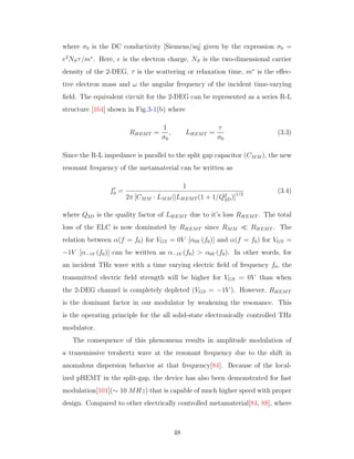 where σ0 is the DC conductivity [Siemens/sq] given by the expression σ0 =
e2
NSτ/m∗
. Here, e is the electron charge, NS is the two-dimensional carrier
density of the 2-DEG, τ is the scattering or relaxation time, m∗
is the eﬀec-
tive electron mass and ω the angular frequency of the incident time-varying
ﬁeld. The equivalent circuit for the 2-DEG can be represented as a series R-L
structure [164] shown in Fig.3-1(b) where
RHEMT =
1
σ0
, LHEMT =
τ
σ0
(3.3)
Since the R-L impedance is parallel to the split gap capacitor (CMM ), the new
resonant frequency of the metamaterial can be written as
f0 =
1
2π [CMM · LMM ||LHEMT (1 + 1/Q2
2D)]
1/2
(3.4)
where Q2D is the quality factor of LHEMT due to it’s loss RHEMT . The total
loss of the ELC is now dominated by RHEMT since RMM RHEMT . The
relation between α(f = f0) for VGS = 0V [α0V (f0)] and α(f = f0) for VGS =
−1V [α−1V (f0)] can be written as α−1V (f0) > α0V (f0). In other words, for
an incident THz wave with a time varying electric ﬁeld of frequency f0, the
transmitted electric ﬁeld strength will be higher for VGS = 0V than when
the 2-DEG channel is completely depleted (VGS = −1V ). However, RHEMT
is the dominant factor in our modulator by weakening the resonance. This
is the operating principle for the all solid-state electronically controlled THz
modulator.
The consequence of this phenomena results in amplitude modulation of
a transmissive terahertz wave at the resonant frequency due to the shift in
anomalous dispersion behavior at that frequency[84]. Because of the local-
ized pHEMT in the split-gap, the device has also been demonstrated for fast
modulation[101](∼ 10 MHz) that is capable of much higher speed with proper
design. Compared to other electrically controlled metamaterial[84, 88], where
48
 