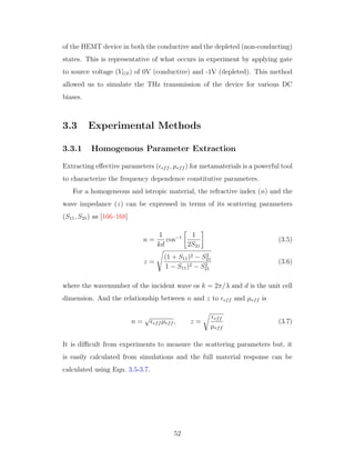 of the HEMT device in both the conductive and the depleted (non-conducting)
states. This is representative of what occurs in experiment by applying gate
to source voltage (VGS) of 0V (conductive) and -1V (depleted). This method
allowed us to simulate the THz transmission of the device for various DC
biases.
3.3 Experimental Methods
3.3.1 Homogenous Parameter Extraction
Extracting eﬀective parameters ( eff , µeff ) for metamaterials is a powerful tool
to characterize the frequency dependence constitutive parameters.
For a homogeneous and istropic material, the refractive index (n) and the
wave impedance (z) can be expressed in terms of its scattering parameters
(S11, S21) as [166–168]
n =
1
kd
cos−1 1
2S21
(3.5)
z =
(1 + S11)2 − S2
21
1 − S11)2 − S2
21
(3.6)
where the wavenumber of the incident wave os k = 2π/λ and d is the unit cell
dimension. And the relationship between n and z to eff and µeff is
n =
√
eff µeff , z =
eff
µeff
(3.7)
It is diﬃcult from experiments to measure the scattering parameters but, it
is easily calculated from simulations and the full material response can be
calculated using Eqn. 3.5-3.7.
52
 