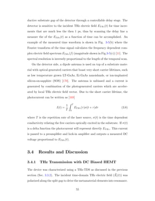 ductive substrate gap of the detector through a controllable delay stage. The
detector is sensitive to the incident THz electric ﬁeld ETHz(t) for time incre-
ments that are much less the then 1 ps, thus by scanning the delay line a
measure the of the ETHz(t) as a function of time can be accomplished. An
example of the measured time waveform is shown in Fig. 3-5(b) where the
Fourier transform of the time signal calculates the frequency dependent com-
plex electric ﬁeld spectrum ETHz(f) (magnitude shown in Fig.3-5(c)) [11]. The
spectral resolution is inversely proportional to the length of the temporal scan.
On the detector side, a dipole antenna is used on top of a substrate mate-
rial with optical generated carriers that boast very short carrier lifetimes, such
as low temperature grown LT-GaAs, Er:GaAs nanoislands, or ion-implanted
silicon-on-sapphire (SOS) [170]. The antenna is unbiased and a current is
generated by combination of the photogenerated carriers which are acceler-
ated by local THz electric ﬁeld vector. Due to the short carrier lifetime, the
photocurrent can be written as [169]
I(t) =
1
T
T
0
ETHz(τ)σ(t + τ)dτ (3.8)
where T is the repetition rate of the laser source, σ(t) is the time dependent
conductivity relating the free carriers optically excited in the substrate. If σ(t)
is a delta function the photocurrent will represent directly ETHz. This current
is passed to a preampliﬁer and lock-in ampliﬁer and outputs a measured DC
voltage proportional to ETHz(t).
3.4 Results and Discussion
3.4.1 THz Transmission with DC Biased HEMT
The device was characterized using a THz-TDS as discussed in the previous
section (Sec. 3.3.2). The incident time-domain THz electric ﬁeld (Ei(t)) was
polarized along the split gap to drive the metamaterial elements into resonance.
55
 