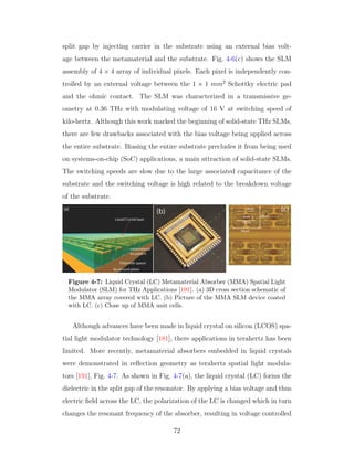 split gap by injecting carrier in the substrate using an external bias volt-
age between the metamaterial and the substrate. Fig. 4-6(c) shows the SLM
assembly of 4 × 4 array of individual pixels. Each pixel is independently con-
trolled by an external voltage between the 1 × 1 mm2
Schottky electric pad
and the ohmic contact. The SLM was characterized in a transmissive ge-
ometry at 0.36 THz with modulating voltage of 16 V at switching speed of
kilo-hertz. Although this work marked the beginning of solid-state THz SLMs,
there are few drawbacks associated with the bias voltage being applied across
the entire substrate. Biasing the entire substrate precludes it from being used
on systems-on-chip (SoC) applications, a main attraction of solid-state SLMs.
The switching speeds are slow due to the large associated capacitance of the
substrate and the switching voltage is high related to the breakdown voltage
of the substrate.
Figure 4-7: Liquid Crystal (LC) Metamaterial Absorber (MMA) Spatial Light
Modulator (SLM) for THz Applications [191]. (a) 3D cross section schematic of
the MMA array covered with LC. (b) Picture of the MMA SLM device coated
with LC. (c) Close up of MMA unit cells.
Although advances have been made in liquid crystal on silicon (LCOS) spa-
tial light modulator technology [181], there applications in terahertz has been
limited. More recently, metamaterial absorbers embedded in liquid crystals
were demonstrated in reﬂection geometry as terahertz spatial light modula-
tors [191], Fig. 4-7. As shown in Fig. 4-7(a), the liquid crystal (LC) forms the
dielectric in the split gap of the resonator. By applying a bias voltage and thus
electric ﬁeld across the LC, the polarization of the LC is changed which in turn
changes the resonant frequency of the absorber, resulting in voltage controlled
72
 