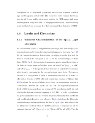 cross placed on a 3.5mm thick polystyrene screen which is opaque to visible
light but transparent to 0.45 THz. The object was raster scanned 3x3 with a
step size of 15 mm and for each raster position the SLM scans a 2x2 image
resulting in 6x6 image size with 7.5 mm physical resolution. Raster scanning
would not have been necessary if we had implemented an 6x6 array of SLM.
4.5 Results and Discussions
4.5.1 Terahertz Characterization of the Spatial Light
Modulator
We characterized our SLM and performed our single pixel THz imaging in a
transmission geometry using the experimental apparatus shown in Fig. 4-13.
All the characterization was done without the object, with the SLM and the
detector placed at the focal point of the OAPM for maximum Signal-to-Noise
Ratio (SNR). Fig-4-14(a) shows the transmission spectra using the envelope of
the detected current as each of the four pixels are turned ”on”(VGS−i,j = −1V )
and ”oﬀ”(VGS−i,j = 0V ) sequentially in a clockwise or anti-clockwise direction
where i and j correspond to the row and column respectively. The spectra
for each SLM conﬁguration is result of a frequency scan from 447 GHz to 455
GHz with a step size of 0.005 GHz and lock-in time-constant of 620 ms. Fig-
4-14(b) shows the extracted photocurrent from the transmission spectra at
f=450.2 GHz. Between all 4 pixels ”on” and ”oﬀ”, an amplitude modulation
depth of 36% is measured and an average of 9% modulation depth for each
pixel at the designed resonant frequency of 0.45 THz. In order to emphasize
the spatial modulation near the resonant frequency, the modulation spectra for
each pixel is plotted relative to a reference. Fig-4-14(c) shows the diﬀerential
transmission spectra extracted from the data in Fig-4-14(a). The reference for
the diﬀerential spectra is when the SLM transmission is maximum i.e. all the
metamaterials are ”oﬀ” (Iph ref (f) = Iph(f)[VGS = 0V for all MM]). Then for
81
 