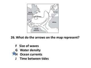 26. What do the arrows on the map represent?
F Size of waves
G Water density
H Ocean currents
J Time between tides
 