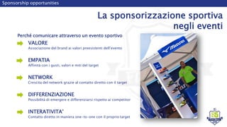 Sponsorship opportunities
La sponsorizzazione sportiva
negli eventi
Perché comunicare attraverso un evento sportivo
VALORE
Associazione del brand ai valori preesistenti dell’evento
EMPATIA
Affinità con i gusti, valori e miti del target
NETWORK
Crescita del network grazie al contatto diretto con il target
DIFFERENZIAZIONE
Possibilità di emergere e differenziarsi rispetto ai competitor
INTERATIVITA’
Contatto diretto in maniera one-to-one con il proprio target
 