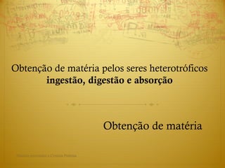 Obtenção de matéria pelos seres heterotróficos
ingestão, digestão e absorção
Obtenção de matéria
Direitos reservados a Cristina Pedrosa
 
