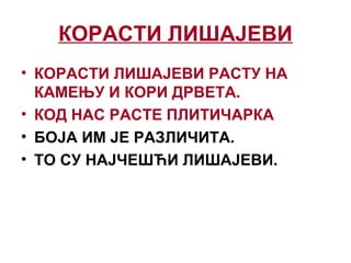 КОРАСТИ ЛИШАЈЕВИ
• КОРАСТИ ЛИШАЈЕВИ РАСТУ НА
КАМЕЊУ И КОРИ ДРВЕТА.
• КОД НАС РАСТЕ ПЛИТИЧАРКА
• БОЈА ИМ ЈЕ РАЗЛИЧИТА.
• ТО СУ НАЈЧЕШЋИ ЛИШАЈЕВИ.
 