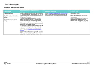Lesson 9: Extracting DNA

Suggested Teaching Time: 1 Hour

                                    Suggested teaching and homework
Topic outline                                                                                 Suggested resources                                   Points to note
                                    activities
Learning objectives:                Discuss what uses DNA extraction has in modern life       Website fun science how to extract DNA from fruits    Specification points:
                                    e.g. forensics, paternity, genetic testing etc. You can   Safety – all teachers should conduct their own risk
Recall the double helix structure   even buy kits to make your own locket containing a        assessments before conducting any practical work.     B5.3.1. Recall that DNA has a double
of DNA.                             DNA sample of someone.                                                                                          helix structure.
                                    This lesson is a long practical session in which                                                                B5.3.2. Recall that both strands of the
Describe the process of base        students can extract DNA from a source. Good                                                                    DNA molecule are made up of four
pairing.                            sources are banana (as it requires little effort to                                                             different bases which always pair up in
                                    break down), peas, kiwi and onions. For more of a                                                               the same way: A with T, and C with G.
                                    challenge you may have different groups of students
                                    extract DNA from different sources.
                                    The procedure to extract DNA is so simple it can be
                                    carried out in most people‟s kitchens! A detailed
                                    step by step guide with excellent pictures can be
                                    found at website fun science how to extract DNA
                                    from fruits.
                                    Extension: During the waiting gaps in the procedure
                                    students can complete a simple flow chart or cut n‟
                                    stick activity to illustrate the reason for each step.




© OCR                                                                                                                                                                              V1.1
                                                                                   st
Page 11 of 17                                                            GCSE 21 Century Science Biology A J243                                       Module B5: Growth and development
 