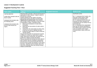 Lesson 3: Development in plants

Suggested Teaching Time: 1 Hour

                                  Suggested teaching and homework
Topic outline                                                                                 Suggested resources   Points to note
                                  activities
Learning objectives:              Show the class a pot plant. Discuss how the level of                              Specification points:
                                  organisation of cells > tissues > organs in plants is
Locate where meristem cells are   the same as in animals.                                                           B5.1.7. Understand that in plants, only
found in plants.                  Students identify the main organs in the plant,                                   cells within special regions called
                                  discuss their function and write a summary table.                                 meristems are mitotically active.
Understand that meristem cells    Opportunity for practical work: Have students                                     B5.1.8. Understand that the new cells
are mitotically active.           work through a series of activities to show the levels                            produced from plant meristems are
                                  of organisation in plants. Examples include:                                      unspecialised and can develop into any
Understand that meristem cells          observing the transection of a leaf under a                                 kind of plant cell.
can form plant tissues and              microscope                                                                  B5.1.9. Understand that unspecialised
organs.                                 observing and cross section of a stem under a                               plant cells can become specialised to
                                        microscope                                                                  form different types of tissue (including
                                        making their own cross section of a stem using                              xylem and phloem) within organs
                                        a dye such as orcein to highlight the xylem                                 (including flowers, leaves, stems and
                                        scraping the layers away on a leaf to reveal the                            roots).
                                        vascular network.
                                  Discuss how the growth and development of plants
                                  is different to humans e.g. plants have no define
                                  shape, plants grow continuously, and plants can be
                                  growth from cuttings (covered next lesson).
                                  Discuss how plants and animals have stem cells but
                                  plant meristem cells are completely unspecialised
                                  and are found in the root and shoot tips which are
                                  the site of active growth (and laterally in some plants
                                  like trees). Describe how the meristem cells in the
                                  root tip are mitotically active (are actively dividing) –
                                  mitosis is covered later.




© OCR                                                                                                                                              V1.1
                                                                                   st
Page 5 of 17                                                             GCSE 21 Century Science Biology A J243       Module B5: Growth and development
 