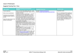 Lesson 5: Phototropism

Suggested Teaching Time: 1 Hour

                                     Suggested teaching and homework
Topic outline                                                                                    Suggested resources                               Points to note
                                     activities
Learning objectives:                 Discuss the story of the walking palm tree – a tree         Animation whfreeman phototropism                  Specification points:
                                     which can uproot itself and move! Videos of this are        Website european space agency plant experiments
Define the term phototropism.        available of youtube.                                                                                         B5.1.12. Understand that the growth and
                                     Introduce the concept of phototropism – movement                                                              development of plants is also affected by
Understand how phototropism          towards light and why it helps plants survive by                                                              the environment, e.g. phototropism.
increases the plant‟s chance of      maximising the energy gained from photosynthesis.                                                             B5.1.13. Understand how phototropism
survival.                            Discuss how plants respond to other stimuli e.g.                                                              increases the plant‟s chance of survival.
                                     roots growth towards water and shoots growth away                                                             B5.1.14. Explain phototropism in terms of
Explain the roles of auxins in the   from gravity. Discuss the results of experiments on                                                           the effect of light on the distribution of
process of phototropism.             the international space station show that it is difficult                                                     auxin in a shoot tip.
                                     to grow plants in zero gravity!
                                     Opportunity for practical work: Students set up a
                                     simple experiment use fast growing seeds e.g. mung
                                     beans or cress. They place them in three conditions,
                                     light, dark, and unidirectional light (coming only from
                                     one side).
                                     Opportunity for ICT: As part of a project you may
                                     get the students to use some time lapse
                                     photography. This can be achieved with a cheap
                                     webcam attached to a laptop.
                                     Discuss where in the plant in sensitive to light. Use
                                     animation whfreeman phototropism to explore the
                                     concept and describe how auxins are produced in
                                     the shoot tip and then move to areas of the plant in
                                     the shade causing growth/elongation of cells.




© OCR                                                                                                                                                                             V1.1
                                                                                      st
Page 7 of 17                                                                GCSE 21 Century Science Biology A J243                                   Module B5: Growth and development
 