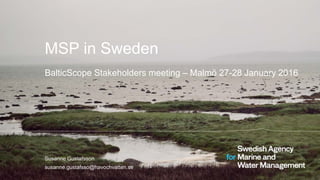 MSP in Sweden
BalticScope Stakeholders meeting – Malmö 27-28 January 2016
Susanne Gustafsson
susanne.gustafsso@havochvatten.se
 