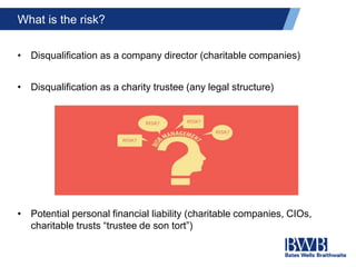 What is the risk?
• Disqualification as a company director (charitable companies)
• Disqualification as a charity trustee (any legal structure)
• Potential personal financial liability (charitable companies, CIOs,
charitable trusts “trustee de son tort”)
 