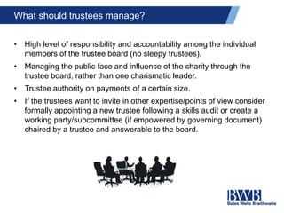 What should trustees manage?
• High level of responsibility and accountability among the individual
members of the trustee board (no sleepy trustees).
• Managing the public face and influence of the charity through the
trustee board, rather than one charismatic leader.
• Trustee authority on payments of a certain size.
• If the trustees want to invite in other expertise/points of view consider
formally appointing a new trustee following a skills audit or create a
working party/subcommittee (if empowered by governing document)
chaired by a trustee and answerable to the board.
 