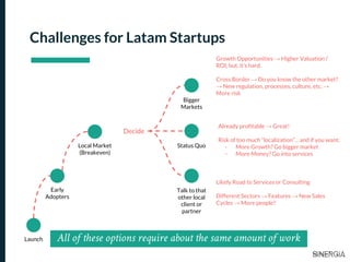 Challenges for Latam Startups
Launch
Early
Adopters
Local Market
(Breakeven)
Decide
Status Quo
Talk to that
other local
client or
partner
Bigger
Markets
Likely Road to Services or Consulting
Different Sectors → Features → New Sales
Cycles → More people?
Growth Opportunities → Higher Valuation /
ROI, but, it’s hard.
Cross Border → Do you know the other market?
→ New regulation, processes, culture, etc. →
More risk
Already profitable → Great!
Risk of too much “localization”... and if you want:
- More Growth? Go bigger market
- More Money? Go into services
All of these options require about the same amount of work
 