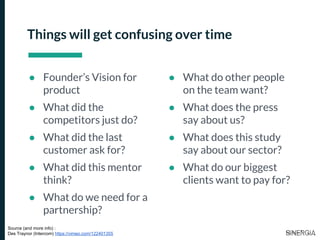 Things will get confusing over time
● Founder’s Vision for
product
● What did the
competitors just do?
● What did the last
customer ask for?
● What did this mentor
think?
● What do we need for a
partnership?
● What do other people
on the team want?
● What does the press
say about us?
● What does this study
say about our sector?
● What do our biggest
clients want to pay for?
Source (and more info) :
Des Traynor (Intercom) https://vimeo.com/122401355
 
