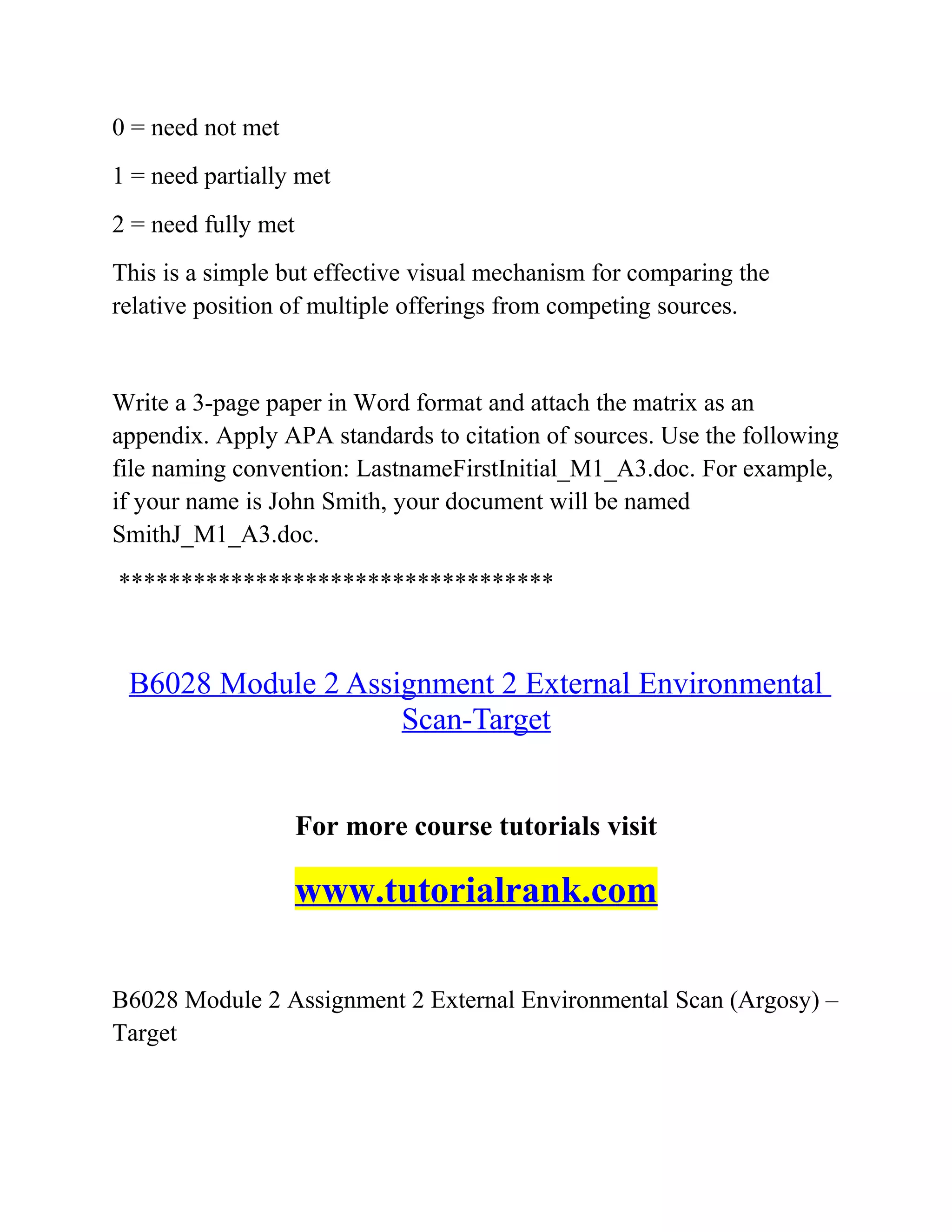 0 = need not met
1 = need partially met
2 = need fully met
This is a simple but effective visual mechanism for comparing the
relative position of multiple offerings from competing sources.
Write a 3-page paper in Word format and attach the matrix as an
appendix. Apply APA standards to citation of sources. Use the following
file naming convention: LastnameFirstInitial_M1_A3.doc. For example,
if your name is John Smith, your document will be named
SmithJ_M1_A3.doc.
***********************************
B6028 Module 2 Assignment 2 External Environmental
Scan-Target
For more course tutorials visit
www.tutorialrank.com
B6028 Module 2 Assignment 2 External Environmental Scan (Argosy) –
Target
 