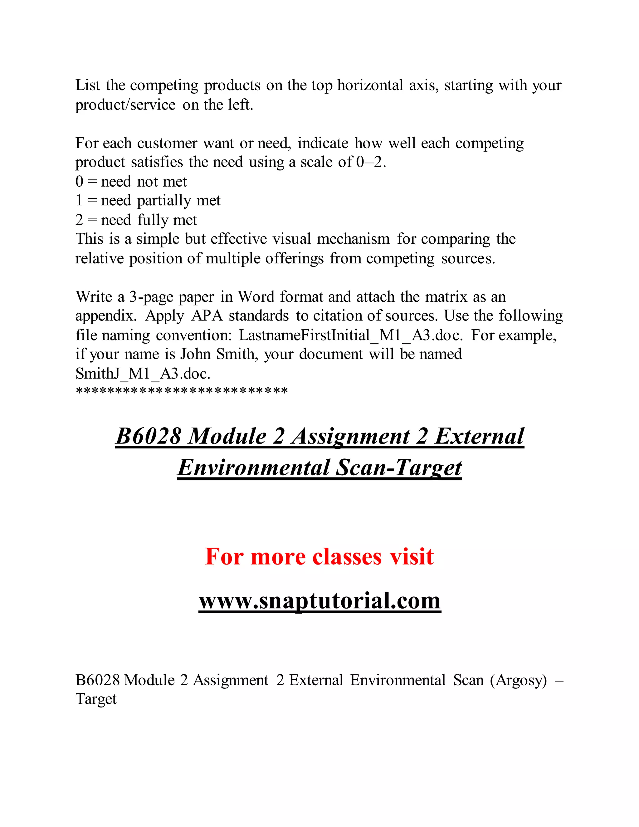 List the competing products on the top horizontal axis, starting with your
product/service on the left.
For each customer want or need, indicate how well each competing
product satisfies the need using a scale of 0–2.
0 = need not met
1 = need partially met
2 = need fully met
This is a simple but effective visual mechanism for comparing the
relative position of multiple offerings from competing sources.
Write a 3-page paper in Word format and attach the matrix as an
appendix. Apply APA standards to citation of sources. Use the following
file naming convention: LastnameFirstInitial_M1_A3.doc. For example,
if your name is John Smith, your document will be named
SmithJ_M1_A3.doc.
**************************
B6028 Module 2 Assignment 2 External
Environmental Scan-Target
For more classes visit
www.snaptutorial.com
B6028 Module 2 Assignment 2 External Environmental Scan (Argosy) –
Target
 