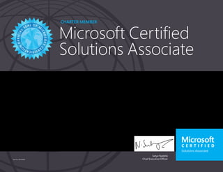 Satya Nadella
Chief Executive Officer
Charter member
Microsoft Certified
Solutions Associate
Part No. X18-83699
REISHABH SAXENA
Has successfully completed the requirements to be recognized as a Microsoft® Certified Solutions
Associate: Web Applications.
Date of achievement: 09/26/2016
Certification number: F811-7213
 