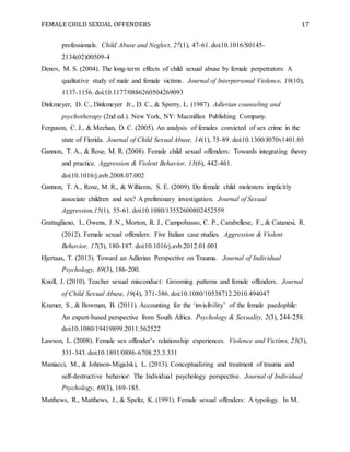 FEMALE CHILD SEXUAL OFFENDERS 17
professionals. Child Abuse and Neglect, 27(1), 47-61. doi:10.1016/S0145-
2134(02)00509-4
Denov, M. S. (2004). The long-term effects of child sexual abuse by female perpetrators: A
qualitative study of male and female victims. Journal of Interpersonal Violence, 19(10),
1137-1156. doi:10.1177/0886260504269093
Dinkmeyer, D. C., Dinkmeyer Jr., D. C., & Sperry, L. (1987). Adlerian counseling and
psychotherapy (2nd ed.). New York, NY: Macmillan Publishing Company.
Ferguson, C. J., & Meehan, D. C. (2005). An analysis of females convicted of sex crime in the
state of Florida. Journal of Child Sexual Abuse, 14(1), 75-89. doi:10.1300/J070v1401.05
Gannon, T. A., & Rose, M. R. (2008). Female child sexual offenders: Towards integrating theory
and practice. Aggression & Violent Behavior, 13(6), 442-461.
doi:10.1016/j.avb.2008.07.002
Gannon, T. A., Rose, M. R., & Williams, S. E. (2009). Do female child molesters implicitly
associate children and sex? A preliminary investigation. Journal of Sexual
Aggression,15(1), 55-61. doi:10.1080/13552600802452559
Grattagliano, I., Owens, J. N., Morton, R. J., Campobasso, C. P., Carabellese, F., & Catanesi, R.
(2012). Female sexual offenders: Five Italian case studies. Aggression & Violent
Behavior, 17(3), 180-187. doi:10.1016/j.avb.2012.01.001
Hjertaas, T. (2013). Toward an Adlerian Perspective on Trauma. Journal of Individual
Psychology, 69(3), 186-200.
Knoll, J. (2010). Teacher sexual misconduct: Grooming patterns and female offenders. Journal
of Child Sexual Abuse, 19(4), 371-386. doi:10.1080/10538712.2010.494047
Kramer, S., & Bowman, B. (2011). Accounting for the ‘invisibility’ of the female paedophile:
An expert-based perspective from South Africa. Psychology & Sexuality, 2(3), 244-258.
doi:10.1080/19419899.2011.562522
Lawson, L. (2008). Female sex offender’s relationship experiences. Violence and Victims, 23(3),
331-343. doi:10.1891/0886-6708.23.3.331
Maniacci, M., & Johnson-Migalski, L. (2013). Conceptualizing and treatment of trauma and
self-destructive behavior: The Individual psychology perspective. Journal of Individual
Psychology, 69(3), 169-185.
Matthews, R., Matthews, J., & Speltz, K. (1991). Female sexual offenders: A typology. In M.
 