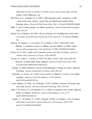 FEMALE CHILD SEXUAL OFFENDERS 18
Patton (Ed.), Family sexual abuse: Frontline research and evaluation (pp. 199-219).
London: SAGE Publications Ltd.
McCloskey, K. A., & Raphael, D. N. (2005). Adult perpetrator gender asymmetries in child
sexual assault victim selection: Results from the 2000 National Incident-Based
Reporting System. Journal of Child Sexual Abuse, 1(4), 1-24. doi:10.1300/J070v14n0401
Millar, A. (2013). Trauma therapy: An Adlerian perspective. Journal of Individual Psychology,
69(3), 245-261.
Mosak, H. H., & Maniacci, M. (2001). The case of Roger. In D. Wedding & R. Corsini (Eds.),
Case studies in psychotherapy (3rd ed., pp. 23-47). Itasca, IL: F. E. Peacock Publishers,
Inc.
Muskens, M., Bogaerts, S., van Casteren, M., & Labrijn, S. (2011). Adult female sexual
offending: A comparison between co-offenders and solo offenders in a Dutch sample.
Journal of Sexual Aggression, 17(1), 46-60. doi: 10.1080/13552600.2010.544414
Nelson, M. O. (1991). Another look at masculine protest. Individual Psychology: Journal of
Adlerian Theory, Research & Practice, 47(4), 490-497.
O’Leary, P., Coohey, C., & Easton, S. (2010). The effect of severe child sexual abuse and
disclosure on mental health during adulthood. Journal of Child Sexual Abuse, 19(3),
275-289. doi:10.1080/10538711003781251
Rietveld, G. (2004). Similarities between Jewish philosophical thought and Adler’s Individual
Psychology. Journal of Individual Psychology, 60(3), 209-218.
Robertiello, G., & Terry, K. J. (2007). Can we profile sex offenders? A review of sex offender
typologies. Aggression and Violent Behavior, 12(5), 508-518.
doi:10.1016/j.avb.2007.02.010
Rosen Saltzman, M., Matic, M., & Marsden, E. (2013). Adlerian art therapy with sexual abuse
and assault survivors. Journal of Individual Psychology, 69(3), 223-244.
Saleh, F. M., Dwyer, R. G., & Grudzinskas Jr., A. (2006). An integrated look at dually diagnosed
female sex offenders and the law. Journal of Dual Diagnosis, 3(1), 23-32.
doi:10.1300/J374v03n01-04
Sandler, J. C., & Freeman, N. J. (2007). Typology of female sex offenders: A test of Vandiver
and Kercher. Sexual Abuse: Journal of Research and Treatment, 19(2), 73-89.
doi:10.1177/107906320701900201
 