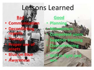 Lessons Learned
Bad
• Communication
• Deconflicting
reports
• Timings
• Proper use of
assets
• Blue on Blue
• Awareness
Good
• Planning
• Momentum
• Competent users
• Superior training
• Overwhelming
force
• Will to fight and
win
 