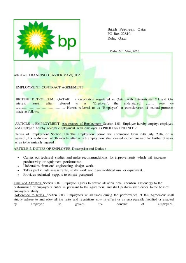 contract employment form qatar contract Qatar. British Petroleum
