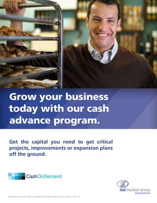 Grow your business
today with our cash
advance program.
Get the capital you need to get critical
projects, improvements or expansion plans
off the ground.
Total Merchant Services (TMS) is a registered ISO of Wells Fargo Bank, N.A., Walnut Creek, CA.
 