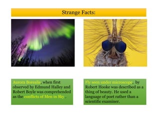 Aurora Borealis, when first
observed by Edmund Halley and
Robert Boyle was comprehended
as the conflicts of Men in Sky .
Strange Facts:
Fly seen under microscope, by
Robert Hooke was described as a
thing of beauty. He used a
language of poet rather than a
scientific examiner.
 