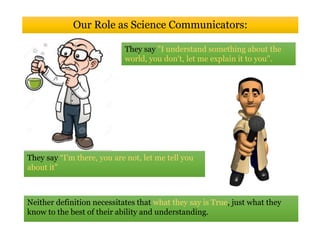 Our Role as Science Communicators:
They say "I understand something about the
world, you don't, let me explain it to you".
Neither definition necessitates that what they say is True, just what they
know to the best of their ability and understanding.
They say “I’m there, you are not, let me tell you
about it”
 