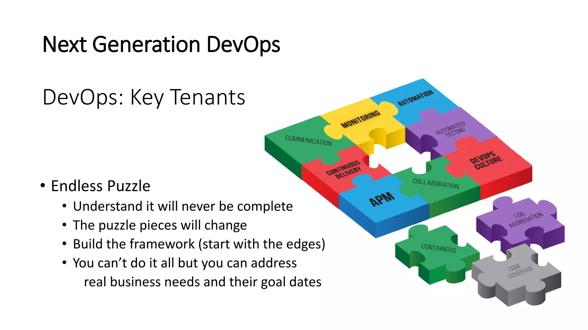 Next Generation DevOps
DevOps: Key Tenants
• Endless Puzzle
• Understand it will never be complete
• The puzzle pieces will change
• Build the framework (start with the edges)
• You can’t do it all but you can address
real business needs and their goal dates
 